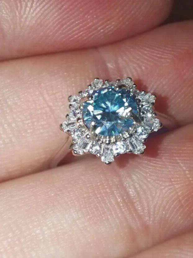 S925 Srebro/Platina - Prsten 1CT/6,5mm Mojsanit Dijamant Aquamarine