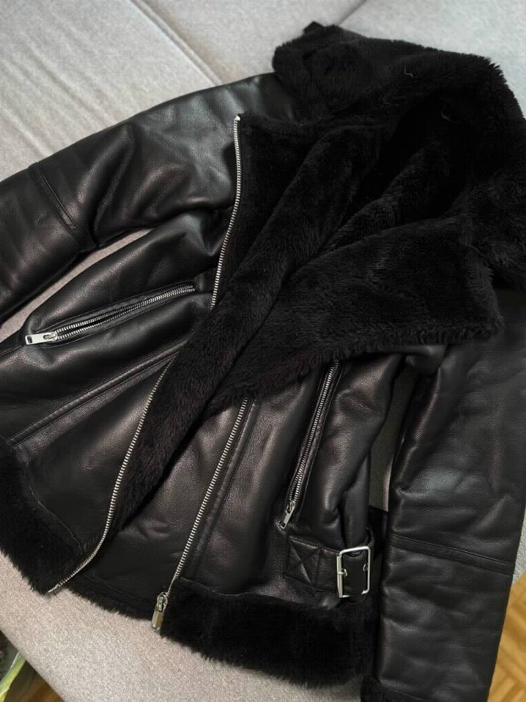 LCW Black Leather Jacket with Fur Lining - Size L