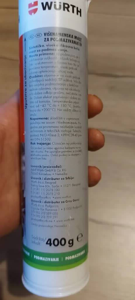 Wurth mast za podmazivanje bela za hranu industriju NSF