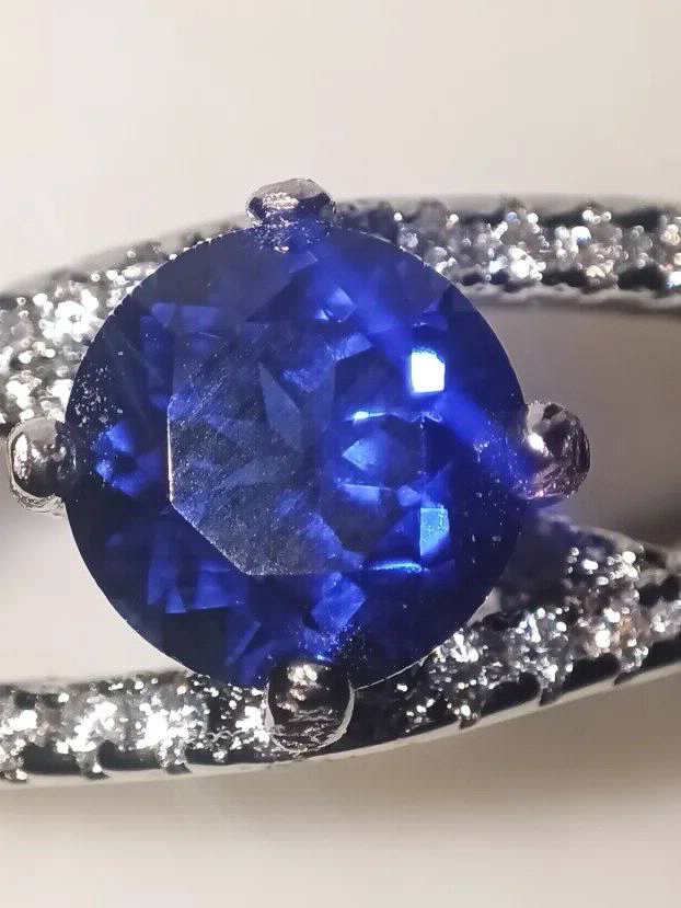 S925 Srebro/Platina - Prsten 1,1 CT/6mm Plavi Safir