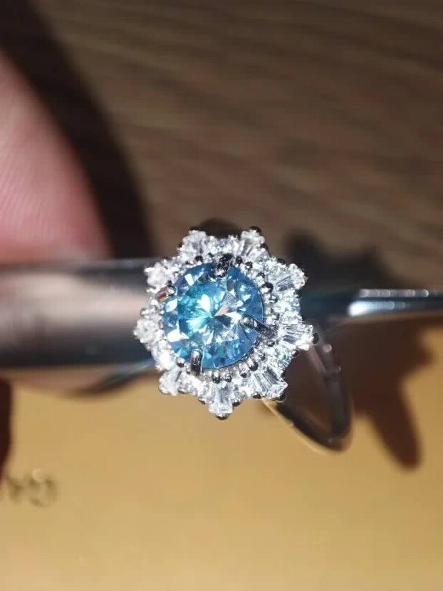 S925 Srebro/Platina - Prsten 1CT/6,5mm Mojsanit Dijamant Aquamarine