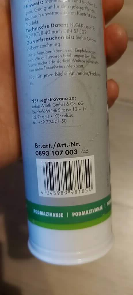 Wurth mast za podmazivanje bela za hranu industriju NSF