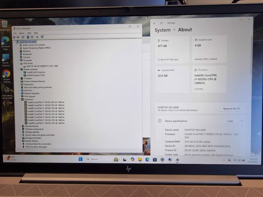 HP Zbook firefly 15G7/ i7/32gb/512/nvidia P520/NOV