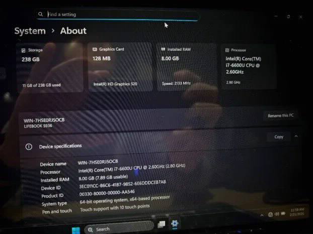 Fujitsu i7 6gen 8gb 256ssd touchscreen