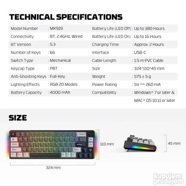 Tastatura Mehanicka Gaming Fantech MK919 Atom PRO66 siva