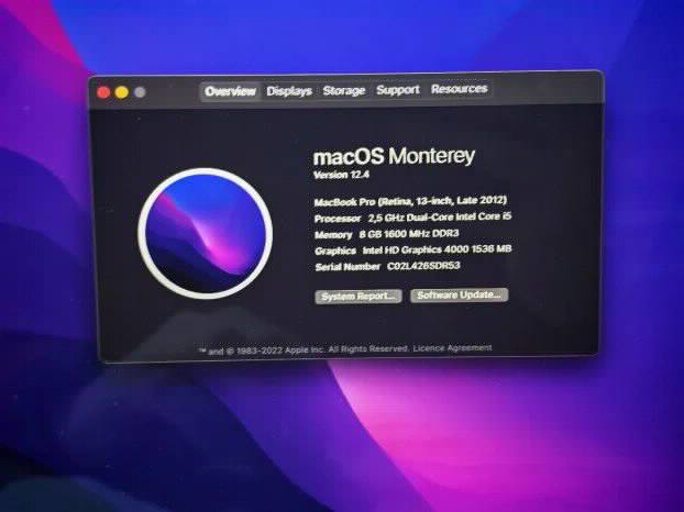 Macbook PRO Retina late 2012 i5 8gb 128ssd 13.3 Monterey