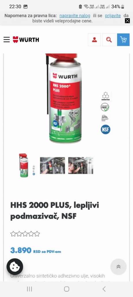 Wurth HHS 2000 PLUS, lepljivi podmazivač, NSF