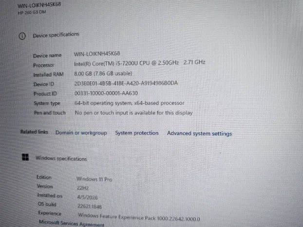 Hp 260 G3 i5 7gen 8 gb ddr4 256nvme intel gpu