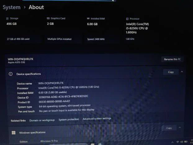 Acer i5 8gen 6gb ssd + Hdd 2gpu