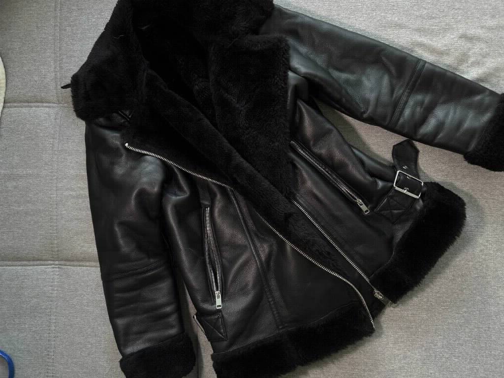 LCW Black Leather Jacket with Fur Lining - Size L